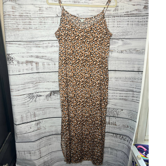 Aerie Leopard Satin Midi Slip Dress Brown Black Lg - Picture 2 of 4